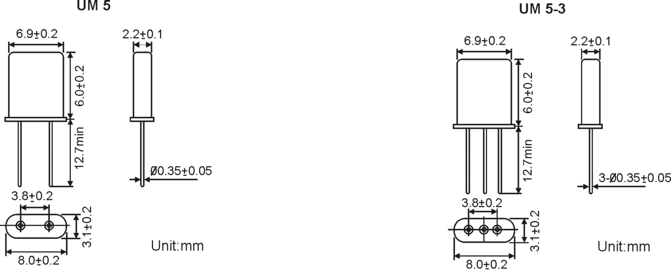 THT QUARTZ CRYSTAL UM5 8.0 x 3.1 mm 10.0-200.0MHz